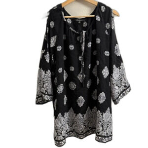 Caleaas Keyhole Cold Shoulders Floral Geo Tunic Top Blouse Size XL Black White